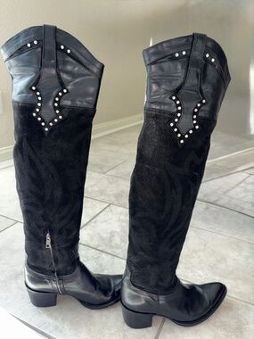 VINTAGE RARE!! OLD GRINGO Black Leather Suede Over Knee Crystal Western Boot 8